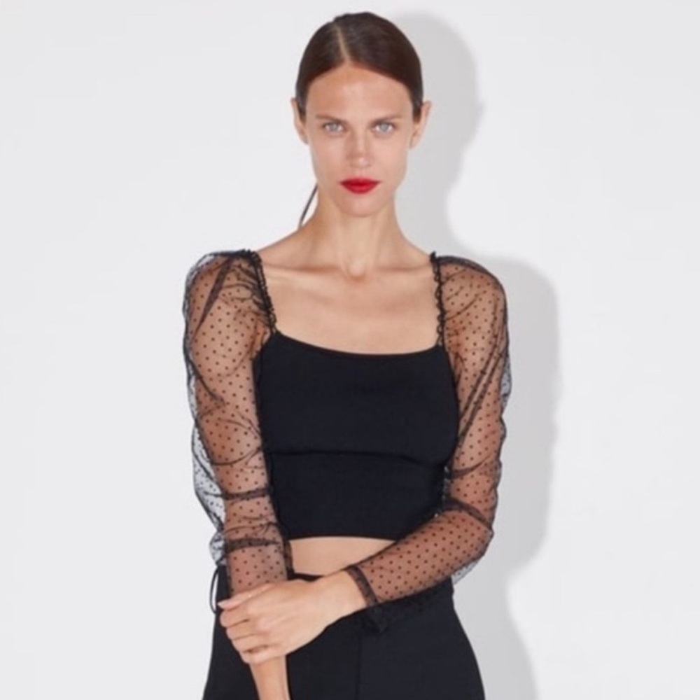 Zara black Polka Dot Mesh Sleeve Crop Top - NWT